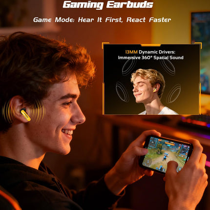 Transformers Official Bumblebee Wireless Gaming Earbuds, Bluetooth 6.0 Headphones, Open Mech Case with LED Lights, 24H Battery, IPX3 Waterproof, in-Ear Headphones for iPhone Android - Yellow