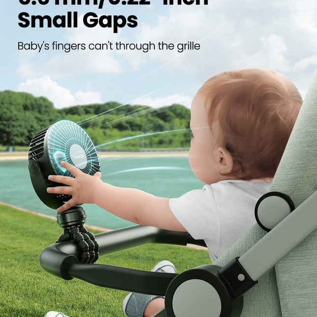 Mini Portable Stroller Fan with Clip-On Tripod, Rechargeable 3-Speed, Black