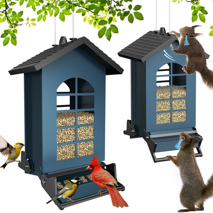 2025 Squirrel Proof Bird Feeder for Outdoors Hanging, 8LBS Metal Hanging Bird Feeder with Bilateral Weight-Activated Perches, Large Capacity Wild Bird Feeder - Squirrel Chewing Proof（Blue）