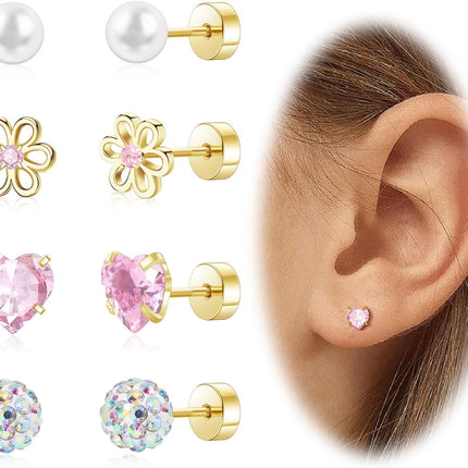 Hypoallergenic Earrings for Girls Toddler Surgical Steel Screw Flat Back Earrings for Sensitive Ears Women14K Gold Silver Earring Cute Heart Flower Pearl Star Stud Earring Sets