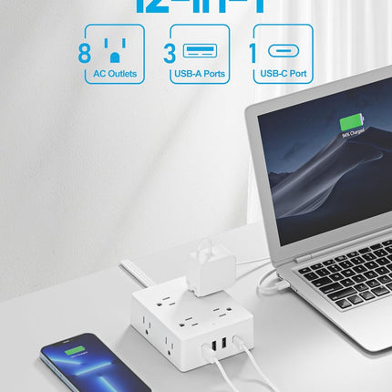 Surge Protector Power Strip, Olcorife Ultra Thin Flat Plug Extension Cord 5ft, 8 Outlets 4 USB Ports(1 USB C), Flat Wall Plug Outlet Extender, College Dorm Room Essentials, White