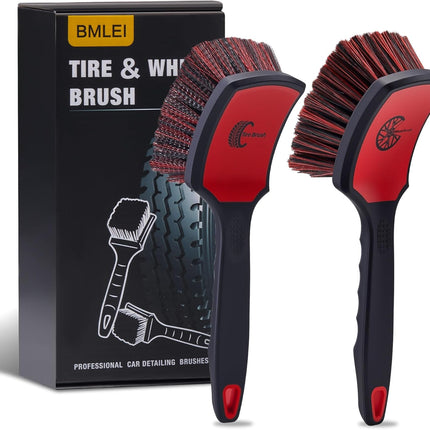 BMLEI Wheel & Tire Brush Set, 2 Pack Car Wheel Brush & Tire Cleaner Brushes, Soft Bristle Rim Brush and Stiff Tire Scrub Brush, Scratch-Free Wheel Cleaning Kit for Car Detailing, Trucks, SUVs