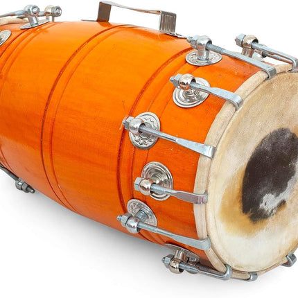 14 Inch Medium Handmade Wooden & Leather Classical Indian Folk Tabla Dholak Drum Set With Adjustable 28 Bolts & Tuning Spanner, Hand Percussion World Musical Instruments For Musicians Punjabi Dholki
