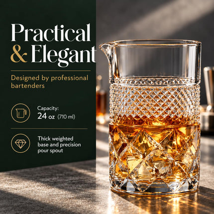 24 Oz Crystal Cocktail Mixing Glass with Bamboo Stand & Bar Tools | Seamless Lead-Free Crystal, Weighted Base Stirring Pitcher | Including Muddler, Mixing Spoon, Jigger and Strainer