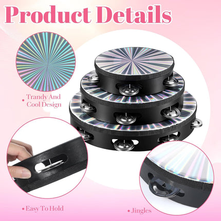 3 Pack Radiant Tambourine for Adults, 6", 8", 10" Sizes Wooden Tambourine with Double Row Metal Jingles, Reflective Hand Drums Tambourines Musical Instrument for Church, Dance, Party, KTV
