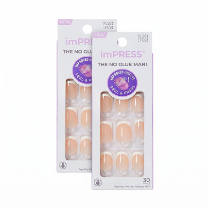 Kiss No Glue Mani Press On Nails, Model, Classic French Manicure Kit, 30 Light Neutral + White Tip, Short Squoval, With IMPROVED Adhesive, Includes Prep Pad, Manicure Stick & Mini File