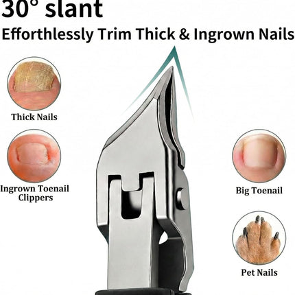 Nail Clippers Set for Seniors Thick Toenails, Ingrown 30° Slanted Eagle-Beak Clipper with Wide Jaw Opening, Anti-Splash Catcher, Long Handle Stainless Steel Kit for Men Women Adults Green Black