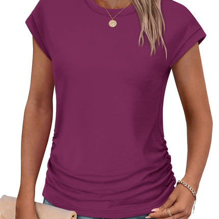 Womens Summer Tops Trendy 2026 Ruched Cap Short Sleeve Tshirts Shirts Crew Neck T Shirts Fashion