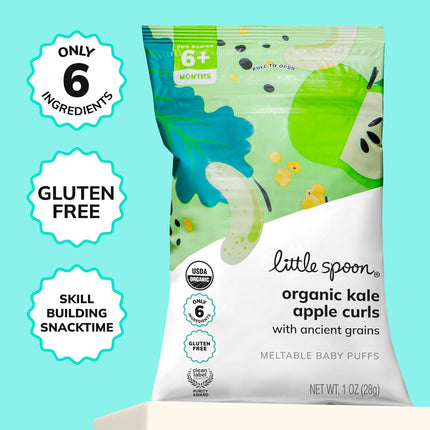 Little Spoon Kale Apple Meltable Baby Puffs, Organic Corn Quinoa Sorghum, No Rice, No Added Sugar Snacks, Encourages Self-Feeding, 1 Oz Bag, 4 Pack