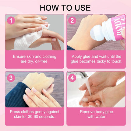 Strong Hold Body Glue for Skin and Fabric, Roll On Clothing Adhesive for Dresses and Dance Costumes, Sweat Resistant Fashion Glue for Socks, Strapless Tops, Performance Wear, 75ml
