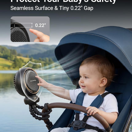 MAMAZING Mini Portable Stroller Fan, LED Display, 70° Auto-Oscillating Clip on Fan, 5 Speed Circulating Mode Included, Music & Night Light, 5000mAh USB-C Rechargeable Fan for Travel, Stroller, Car