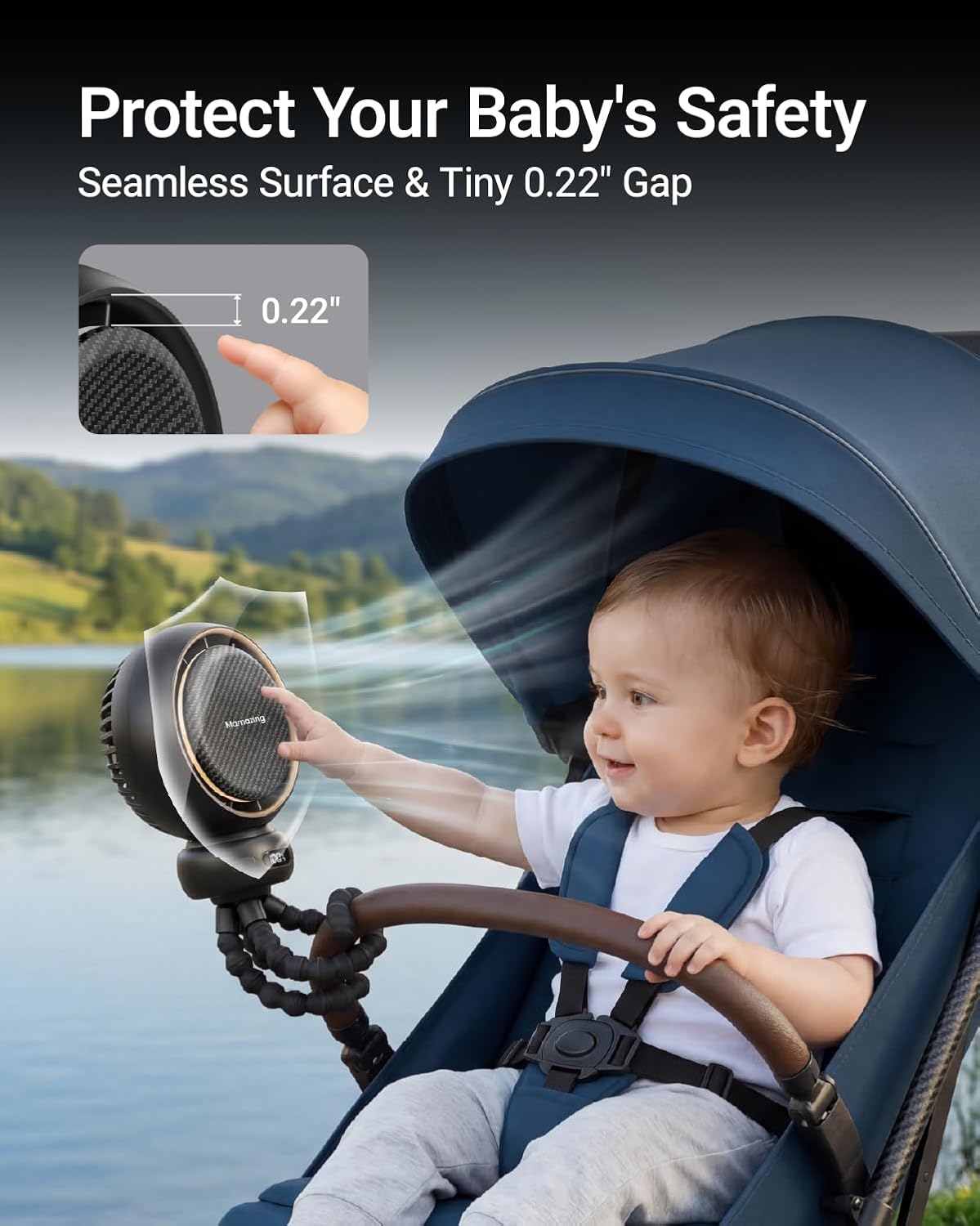Portable Stroller Fan with 5 Speeds, 70° Oscillation, USB-C Rechargeable Battery, LED Display & Soothing - photo 2