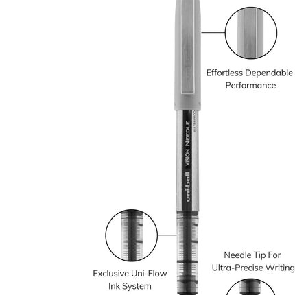 uniball Vision Needle Rollerball Pen, Fine Point (0.7mm), Black Ink, 6 Pens