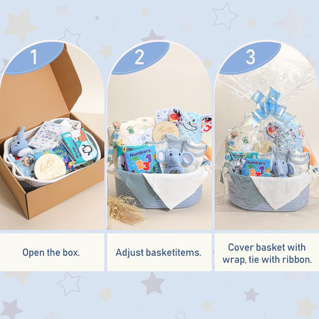 Baby Boy Gifts Basket,Newborn Baby Gifts for Boys with Blanket Onesies
