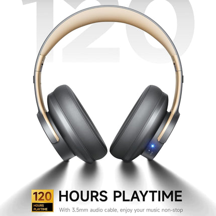 Bluetooth Headphones, 120H Playtime Headphones Wireless Bluetooth with 3 EQ Modes, Low Latency, Hands-Free Calls, Over Ear Headphones for Travel Home Office Cellphone PC (Ashen Golden)