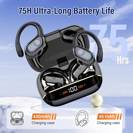 Qecnato Wireless Earbuds Bluetooth 5.4 Headphones 75H Stereo Deep Bass Sports Over Ear Buds with Earhooks, LED Display Bluetooth Earbuds with 4 ENC Mic, IP7 Waterproof Earphone for Running