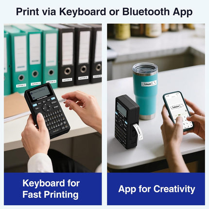 SUPVAN E11 Bluetooth Label Maker Machine with 4 Tapes, Support Keyboard & App with 30+ Fonts and 660+ Icons, Rechargeable Inkless Labeler for Home, Kitchen, Office, School, Organization, Black