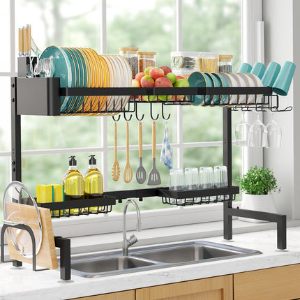 Over The Sink Dish Drying Rack - Adjustable 2 Tier Large Capacity Stainless Steel Drainer with Cutlery & Utensil Holders, Kitchen Storage & Organization, 30"-33.9" L x 11" W x 21.5" H, Black