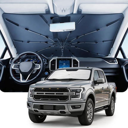 Umbrella Windshield Sun Shade for Car & SUV, Car Sunshade for Front Windshield [Nano Ice-Crystal Coatings] UPF50+ Heat & UV Block, Protect Interior & Keep Cooler Universal for Most of Sedan & SUV