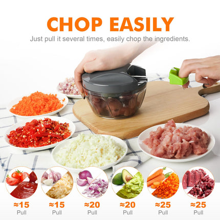 Procesador de alimentos manual, picador de verduras, picador de cebolla y ajo portátil con cortador de cuerda de mano para verduras, jengibre, frutas, nueces, hierbas, 500ml, para cocina, camping, RV, M501