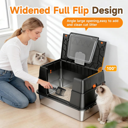 Stainless Steel Litter Box with Lid, Side Entry Extra Large High Sided Enclosure Litter Box, Removable Upper Cover Leak-Proof Odorless Non-Stick Easy Clean Metal Pan with Scoop & Mat