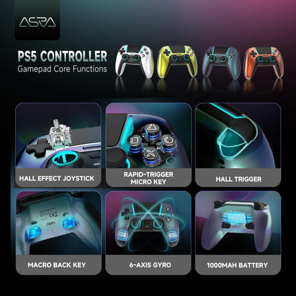 ASRVA Chrome Blue Wireless Pro Controller for PS5,4 Back Buttons,Hall Effect Joystick(No Drift),Micro-Switch,Gyro,Macro,1000mAh,RGB,Compatible with PS5/Pro/Slim/PC/iOS/Android