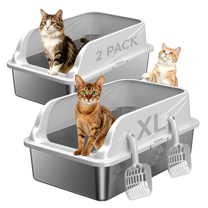 Arenero para gatos de acero inoxidable con tapa, arenero metálico XL de lados altos