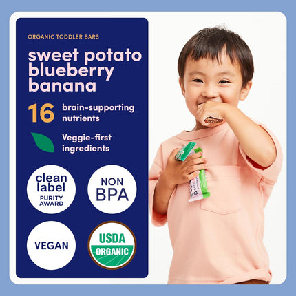 Cerebelly Organic Toddler Smart Bars 40-Count, Sweet Potato Blueberry Banana Smart Bars, 16 Brain-Supporting Nutrients, No Added Sugar, Gluten Free, Nut Free, Kids Snacks