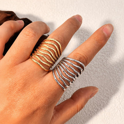 Gold Multi Layer Statement Ring for Women, Wide Band Open Finger Ring, Textured Stack Look Ring, Bold Minimalist Fashion Jewelry for Daily Wear Party