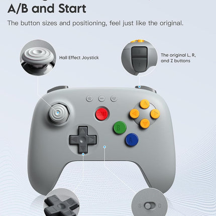 8Bitdo 64 Bluetooth Controller for Analogue 3D, Switch, Switch 2, Windows, Android – Hall Effect Joystick, Vibration, Turbo Function – Gray