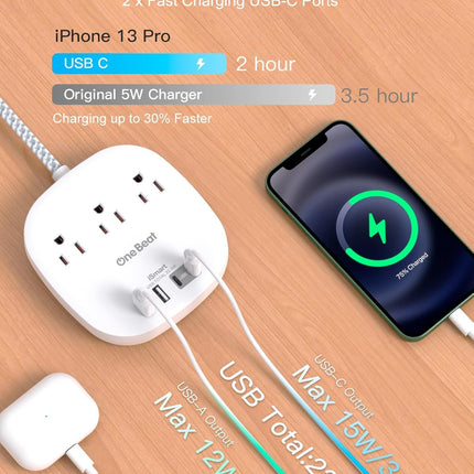 Flat Plug Power Strip, Short Extension Cord 1 Ft - 3 Outlets 4 USB Ports (2 USB C) 22.5W/4.5A Desktop Charging Station, Power Strip No Surge Protection for Cruise Ship, Dorm Room Travel Essentials
