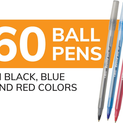 BIC Round Stic Xtra Life Assorted Ink Ballpoint Pens, Medium Point (1.0mm), 60-Count Pack of Bulk Pens, Flexible Round Barrel for Comfortable Writing, No. 1 Selling Ballpoint Pens
