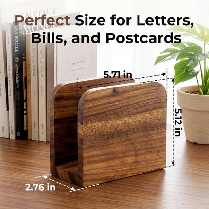 Acacia Wood Mail Organizer Countertop -Small Letter Holder for Desk, Rustic Farmhouse Decor, Upright Bill postcards, and notepads Stand for Entryway & Office