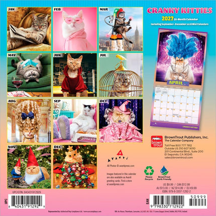 Avanti Cranky Kitties OFFICIAL | 2027 7 x 14 Inch (Hanging) Monthly Mini Wall Calendar | BrownTrout | Angry Cat Feline