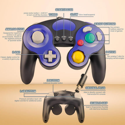 YSDZSW Upgraded GameCube Controller with TURBO Function, Classic Wired Controller for Wii/GameCube (Black-Blue)