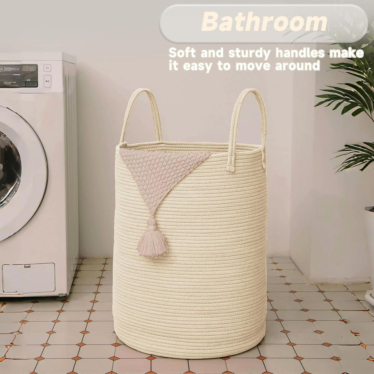 Large Woven Laundry Basket Hamper,60L Cotton Rope Storage Bin for Blankets,Toys and Clothes,Decorative - photo 5