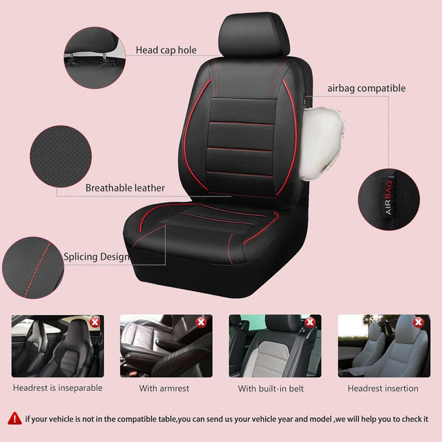 Universal Fit Waterproof Faux Leather Two Front Seat Covers, Black Red