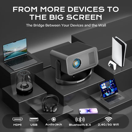 [Built-in Apps & 2026 Upgraded] Mini Projector with Wifi and Bluetooth Portable,Native 1080P 4K Support Auto Keystone Movie Projector Compatible with TV Stick/HDMI/USB, 360° for Bedroom, Outdoor Use