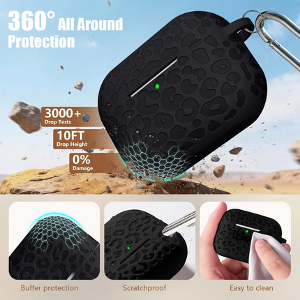 Leopard Engraved Compatible for AirPods Pro 3 Case Cover(2025),Soft Silicone Compatible with Apple AirPods Pro 3 for Women,Cute Air Podspro3 Case with Keychain &Cleaning Kit,Black