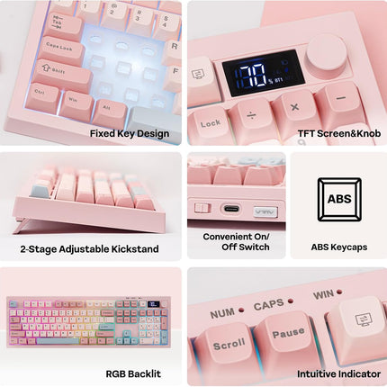 EPOMAKER Aula S102 PRO Membrane Gaming Keyboard with TFT Screen, Volume Knob & Number Pad, BT/2.4G/USB, RGB Backlit, Creamy Silicone Structure, Silent Keyboard for PC Game/Office (Pink)