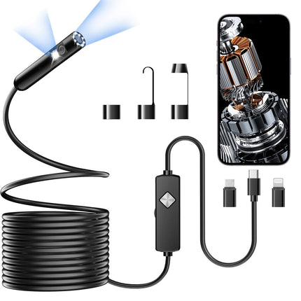 Endoscope with Light, 1920P HD Borescope with 8 Adjustable LED Lights, Semi-Rigid Snake Camera, IP67 Waterproof Inspection Tool (16.4ft, Black + Dual Lens Wiring Harness)