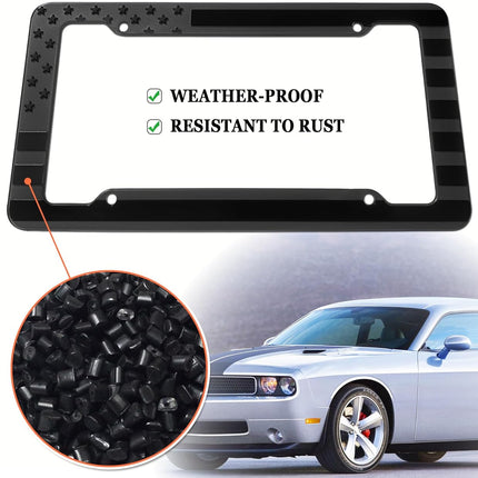 BGGTMO American Flag License Plate Frame- 2 Pack Patriotic ABS Plastic Car Tag Cover with 3D USA Flag Pattern, Glossy on Matte Black, with Screws, Metal Decals
