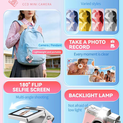 Mini Keychain Camera, 1080P Portable Digital Camera with 1.47” Flip LCD & Flash, Retro Collectible Pocket Camera for Travel, Parties, Birthday(Pink32GB)