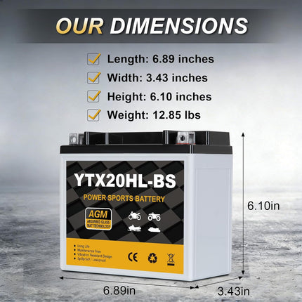 YTX20HL-BS Motorcycle Battery 12V 18Ah 310CCA, Maintenance Free Sealed AGM Powersport Battery, Replacement for ATV UTV Scooter, YTX20HL BS / ETX20L / GTX20HL-BS