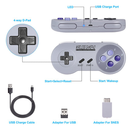 Asopiram Wireless Controller for SNES Games, 2.4GHz Cordless Gamepad with USB Receiver for Windows PC Emulator, Rechargeable Retro Joystick Compatible for SNES Classic Switch I, 2-Pack