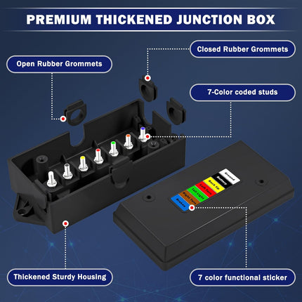 CheeMuii 7 Way Trailer Junction Box Weatherproof 7 Pin Trailer Wiring Box 7 Color-Coded Electric Wires Connection Box for RV Camper Trailer Light Rewiring