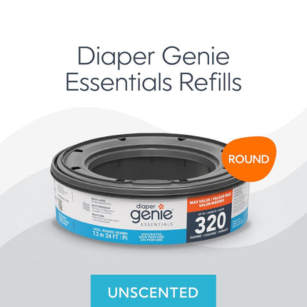 Diaper Genie Essentials Round Refill Pack of 4 | Holds Up to 1280 Newborn Diapers | Features Unscented Continuous Film | Compatible with Diaper Genie Complete and Expressions Pails