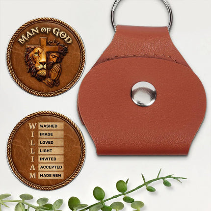 Man Of God Personalized Pocket Hug with Name in Bible Verse, Custom Christian Inspirational Coin Token with Leather Holder Keychain, Fathers Day Religious Faith Affirmation Gift for Dad, Husband (5)
