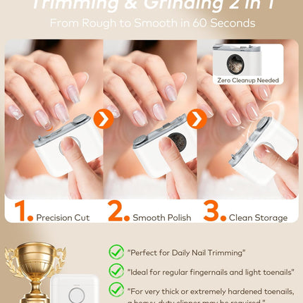 Electric Nail Clipper for Toe & Finger Nails 【Dual-Blade Precision】Automatic Nail Trimmer, Ultra-Quiet & Safe Electric Nail File with LED Light, 2-in-1 Trimmer & Grind for Seniors and Baby, White