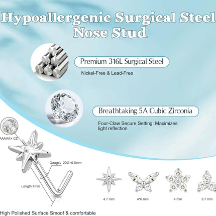 Nose Rings Studs for Women, 20G Gold Silver Nose Studs Hypoallergenic Surgical Steel Nose Ring L Shaped Small Diamond Nose Rings Cute CZ Star Flower Butterfly Nose Stud Nostril Piercing Jewelry